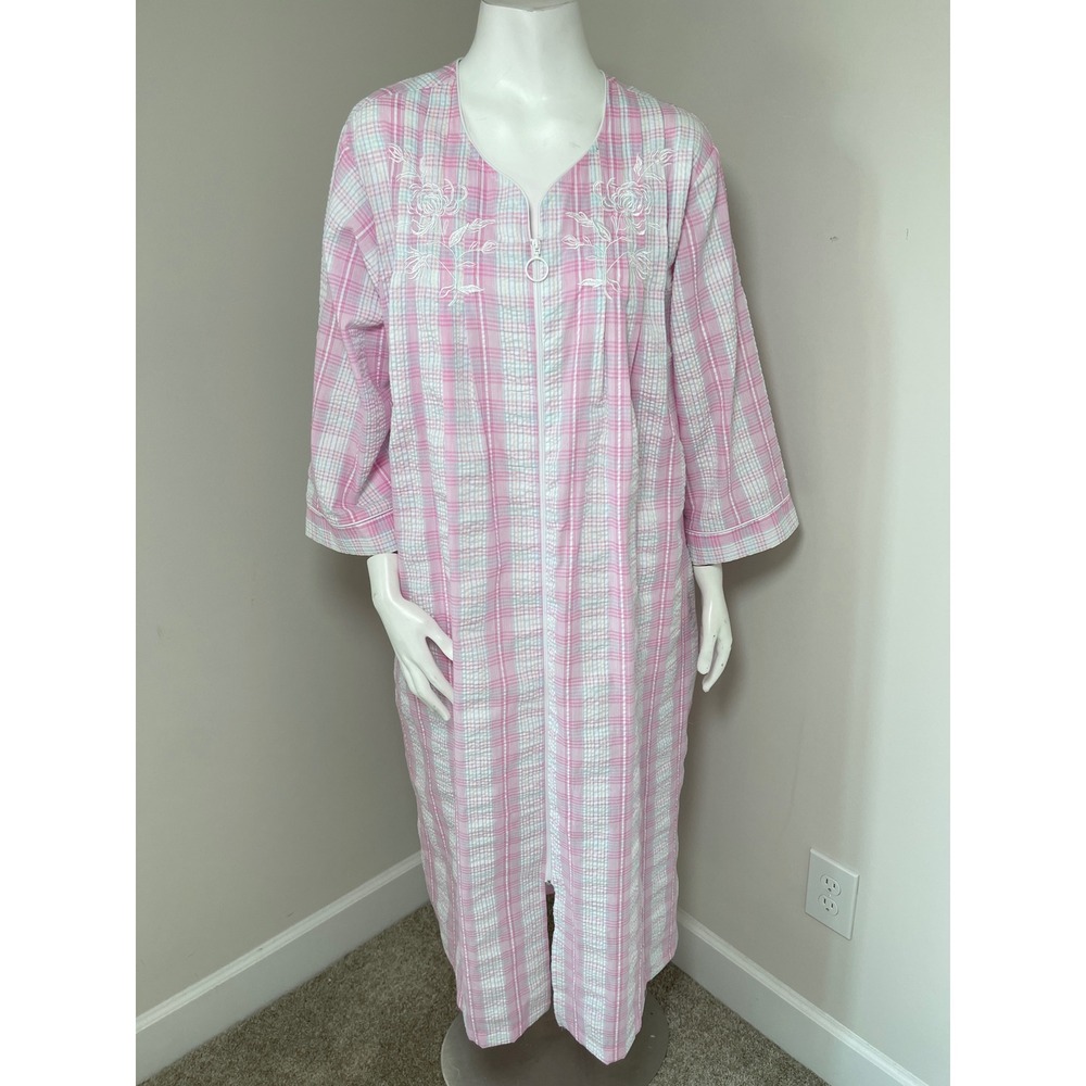 Miss Elaine Pink Plaid Seersucker Zip Front House Coat Robe Plus Size 1X